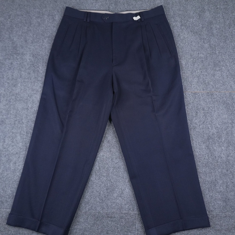 Alfani Dress Pants Mens 36" Navy Blue 100% Pure Wool Pleated Cuffed Trousers